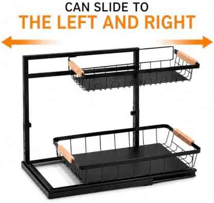 L-Shaped Adjustable 2-Tier Under Sink Organizer – Sliding Metal Storage Shelf for Kitchen & Bathroom Cabinets (Black)