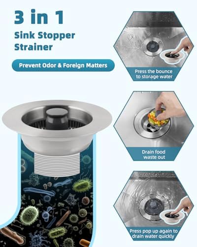Universal 3 in 1 Kitchen Sink Stopper Strainer, 304 Stainless Steel