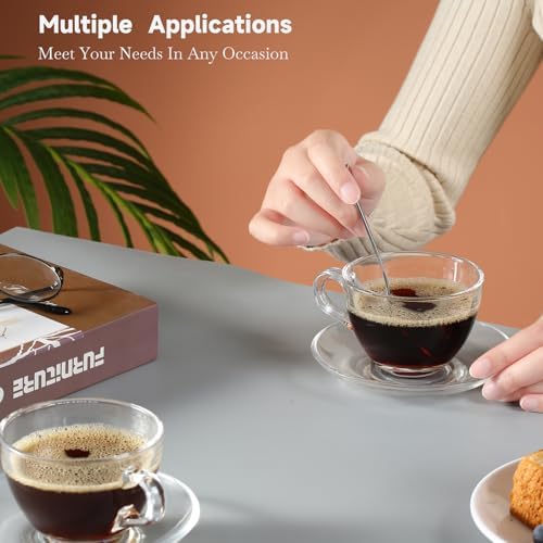 Glass Teacup and Saucer Set, 6 Pack Coffee Mug with Stainless Steel