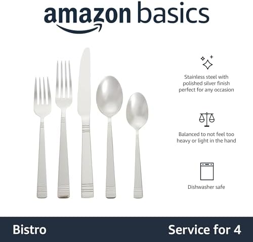 Amazon Basics Silverware, 20-Piece Stainless Steel Flatware Set
