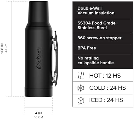 Vacuum Insulated Thermo, Stainless Steel Water-Coffee-Mate Flask 34oz