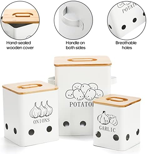 WUWEOT 3 Pack Vegetable Storage Tins, Metal Onion Garlic Potato Jars