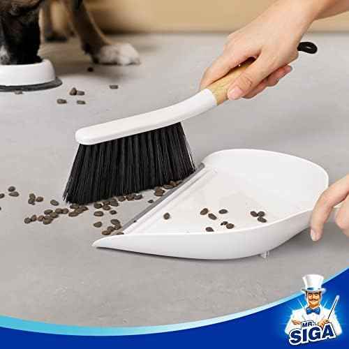 MR.SIGA Dustpan and Brush Set, Bamboo Handle, White