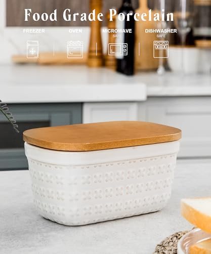Nucookery Ceramic Butter Dish with Wood Lid for Countertop, Butter