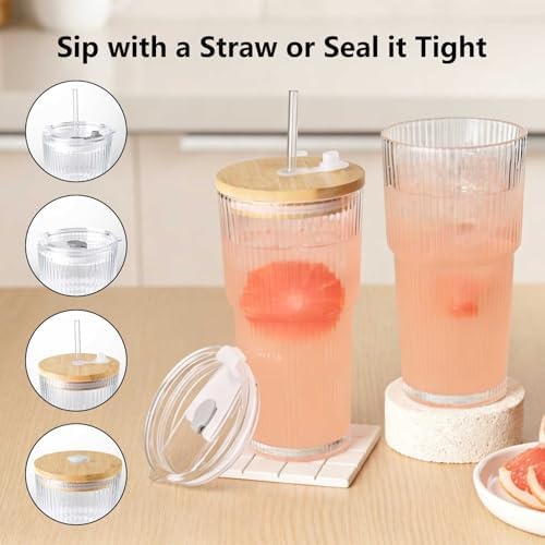 Ruckae Ribbed 2pack 20oz Glass Cups with Bamboo & Plastic Lids and