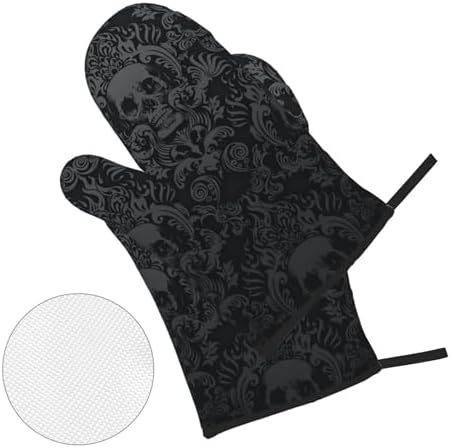 Victorian Gothic Black Skull Damask Oven Mitts and Pot Holders Sets of