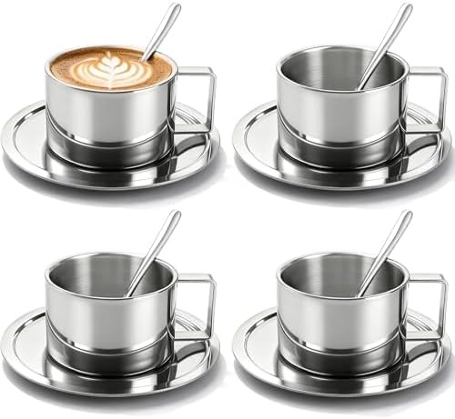ZENFUN 4 Pack 6.8 oz Coffee Cups Set, 18/8 Stainless Steel Espresso