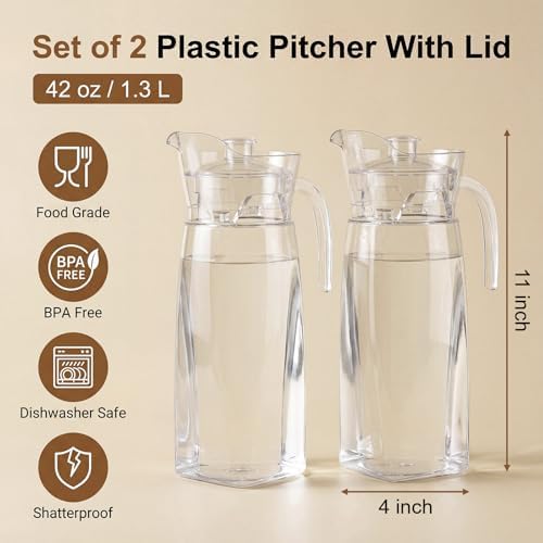 Elsjoy 2 Pack 42 oz Plastic Pitcher with Lid, Clear Acrylic Water