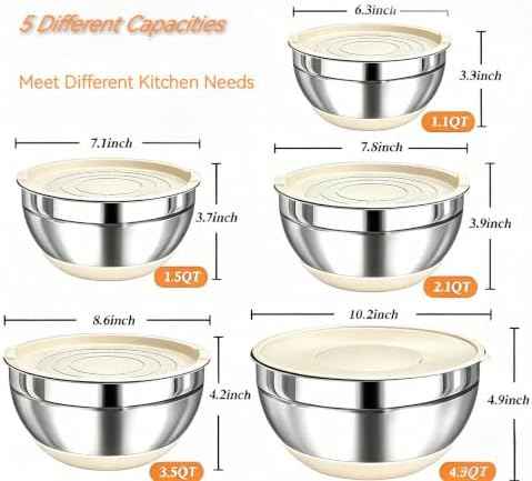 8 Pack Mixing Bowls with Airtight Lids & Grater Attachments, Khaki