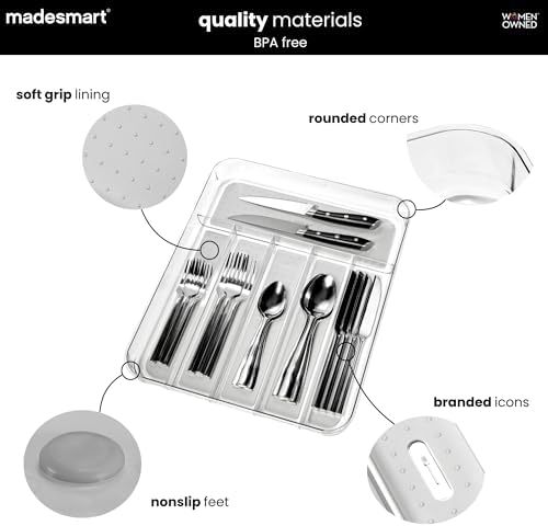 madesmart Clear 6-Compartment Silverware Tray, Grey
