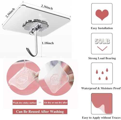 DDMY Adhesive Wall Hooks Clear 50lb(Max) Heavy Duty Hanging Sticky-10