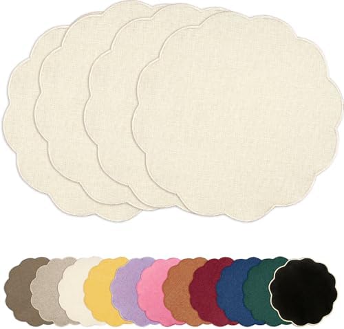 AHHFSMEI Round Scalloped Placemats Set of 4 15 Inch Faux Linen