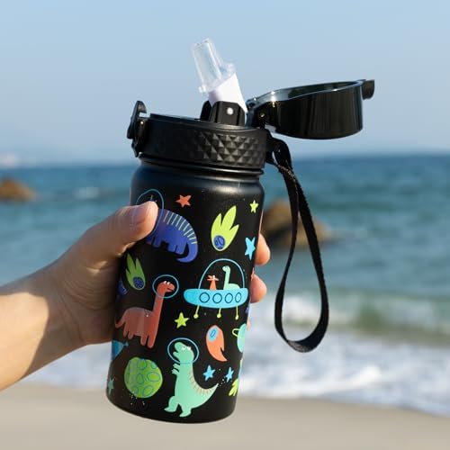 GOPPUS Kids Water Bottle (Straw Lid) - 14 Oz Stainless Steel Travel