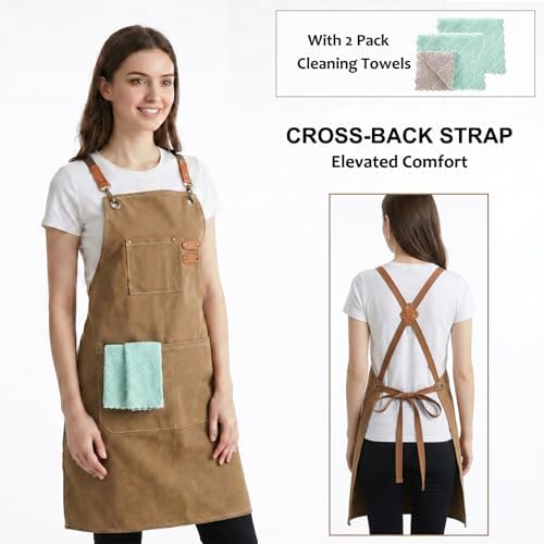 ZOMAO Chef Apron, Cotton Canvas Cross Back Apron with Pockets for