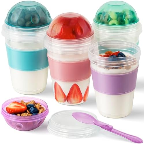 Freshmage 4 Pack 20 oz Yogurt Parfait Cups with Lids & Folding Spoons