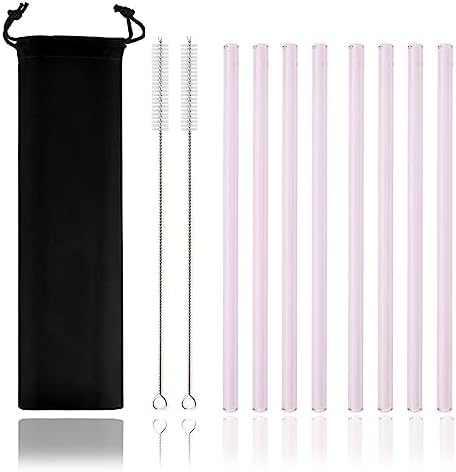 JASHII Pink Reusable Straight Glass Straws, Set of 8 with Clean Brush