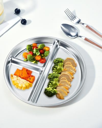 Bakpoco Stainless Steel Kids Plates Set of 4, 9" Portion Control