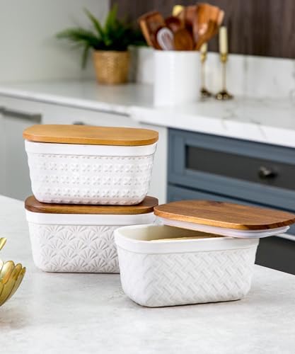 Nucookery Ceramic Butter Dish with Wood Lid for Countertop, Butter