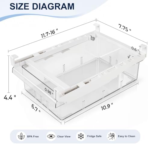 Fridge Drawer Organizer Pull-Out Under Shelf Bin, Adjustable Dividers