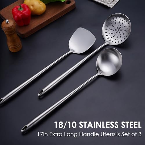 17′′ Wok Spatula and Ladle, Skimmer Spoon - 304 Stainless Steel Wok