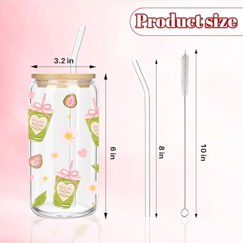 Cute Matcha Girly Glass Cup, Matcha Lovers Gift, Kawaii Glass Tumbler
