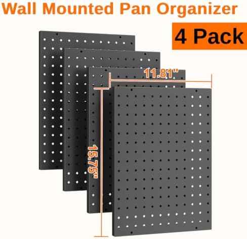 Hencawima Wall Mounted Peg board, 4 Pack Pot and Pan Organizer with 20 Hooks, Modular Kitchen Storage for Pots, Pans, Lids and Utensils, Easy Assembly