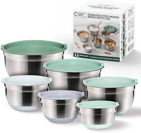 COOK WITH COLOR Stainless Steel Mixing Bowls Set with Lids - Nesting Bowls with Non-Slip Bottom, Sage, 12 Pieces