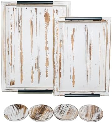 Decorative Ottoman Serving Tray Wooden Rustic (Set of 2) | Black Sleek