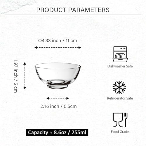 Small Glass Bowls Set of 6 - Glass Cereal Bowls 8.6 oz - Clear