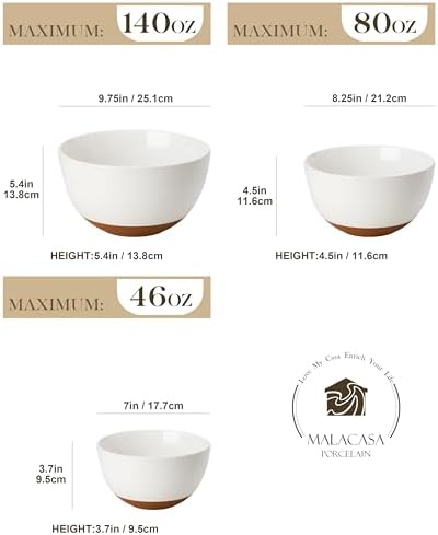 MALACASA Ceramic Mixing Bowls, Large Serving Bowls for Mixing