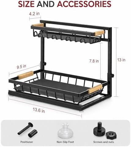 L-Shaped Adjustable 2-Tier Under Sink Organizer – Sliding Metal Storage Shelf for Kitchen & Bathroom Cabinets (Black)