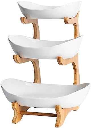 YYW 3 Tier Fruit Basket, White Ceramic Fruit Bowl for Kitchen Counter, Home Fruit Bowl Set with Holder, Fruit Serving Tray Snacks Nuts Bread Candy Storage Holder (White)