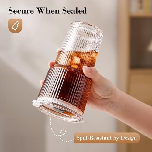 20oz Iced Coffee Cups with Lids, Ribbed Glass Cups with Lids and