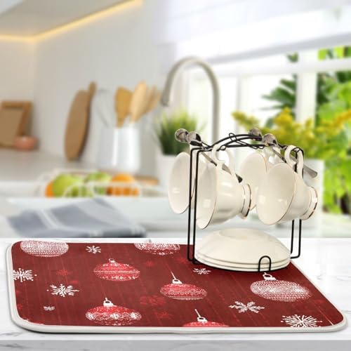 OTVEE Red Winter Ornament Art Dish Drying Mat for Kitchen Counter