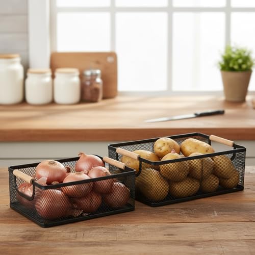 Potato and Onion Storage Baskets with Wood Handles, 2-Set Metal Mesh