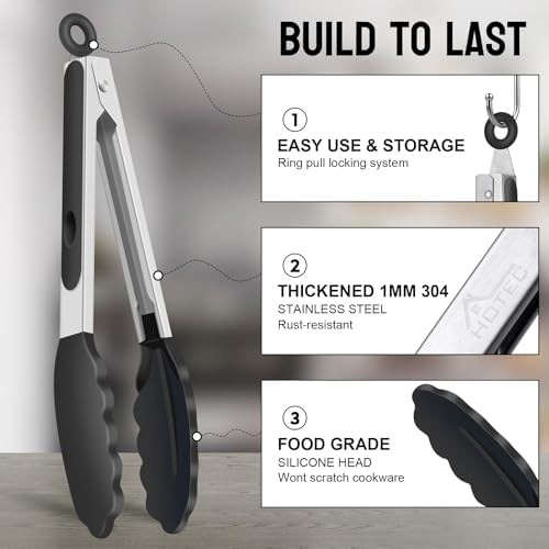 HOTEC Stainless Steel Kitchen Tongs with Silicone Tips, Set of 2-9"
