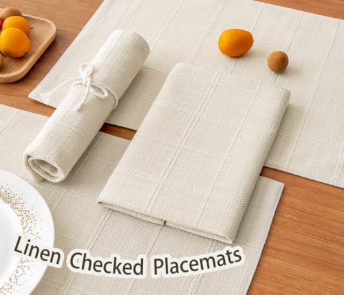 Linen Checked Placemats Set of 4, Ivory Rustic Place Mats 12x18 Inch
