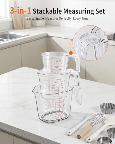 BINGBING- Measuring Cups Set of 3, Plastic, Nesting Design, Pour Spout