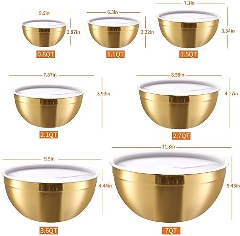 Gold Mixing Bowls with Airtight Lids, Stainless Steel Nesting Mixing