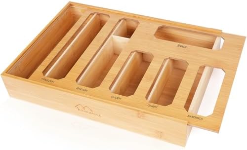 Bamboo Ziplock Bag Organizer for Kitchen Drawer & Wall Mount, Food