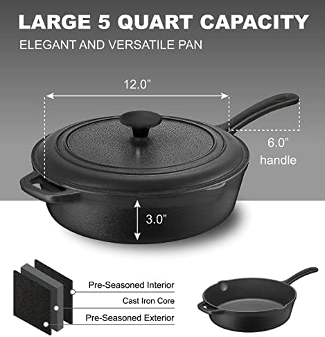 Bruntmor 5 Qt Cast Iron Sauté Pan with Lid