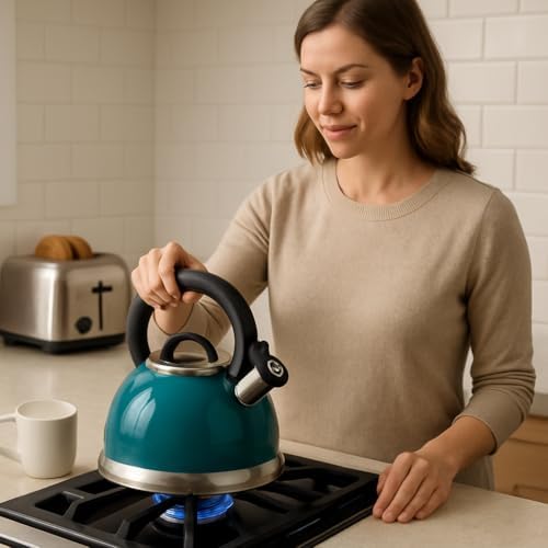 3.0 QT Stainless Steel Whistling Tea Kettle, Aqua Blue