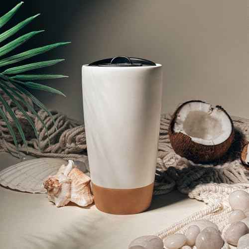Mora Double Wall Ceramic Coffee Travel Mug with Lid, 14 oz, Portable