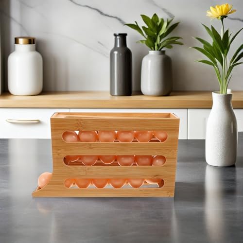 Wooden Rolling Egg Dispenser Rack for Fridge, 4 Tier Organizer