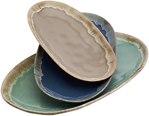 Tabletops Gallery Tuscan Collection Reactive Glaze 3 Piece Oval Stoneware Serving Trays Platters Kitchen Serveware, Blue Teal Green Brown