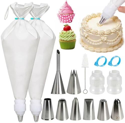 Reusable Cotton Piping Bags and Tips Set -Two 16inch Pastry Bags with