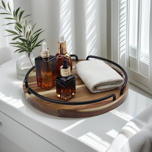 Round Wooden Serving Tray - Rustic Style Decorative Tray for Coffee