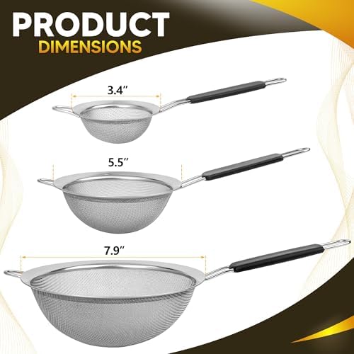 Set of 3 Fine Mesh Strainers for Kitchen | 3.4 inch, 5.5 inch and