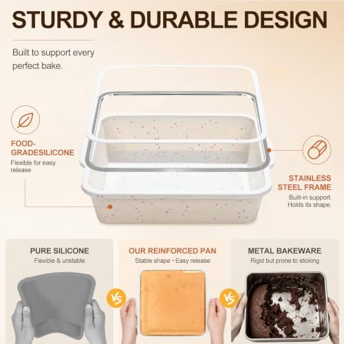 Vinino 8 x 8 Inch Silicone Brownie Pan, 2 Pack Square Mold with Steel