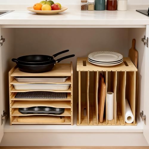 6 Tier Wooden Tray Dividers for Cabinets, Cookie Sheet Organizer 15.7"
